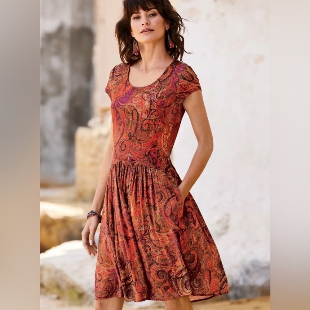 Peruvian Connection Sylphide Dress XL Orange Red Paisley Scoop Neck Cap Sleeve